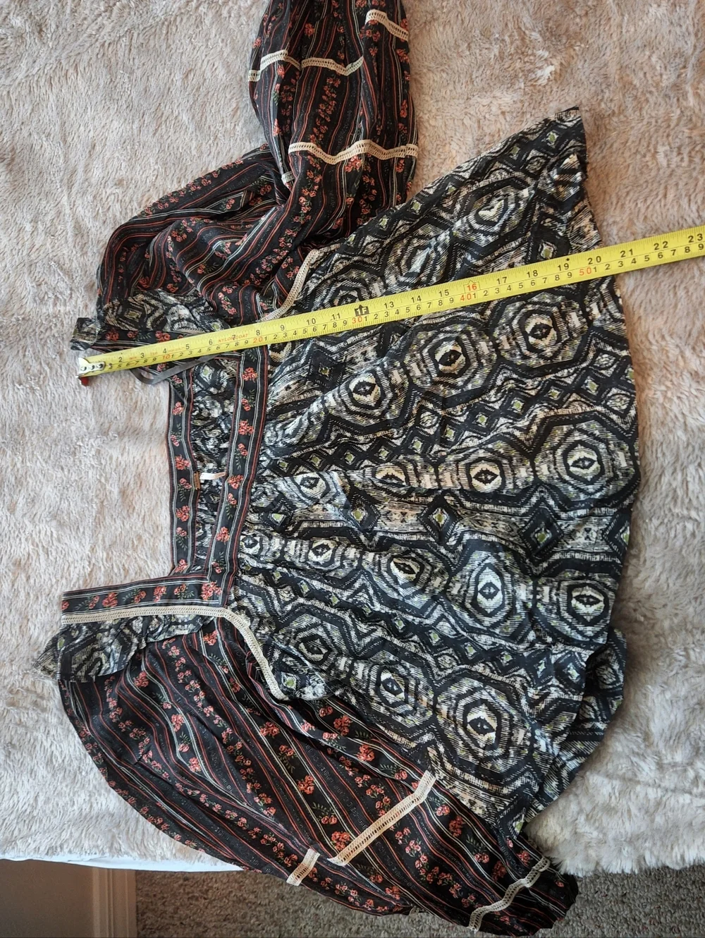 Bohemian Square-Neck Mixed Print Blouse - Black with Rust Accents